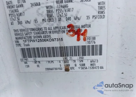 2006 Ford F-150 Lariat/Xlt z USA, uszkodzony, nr VIN 1FTPW12506KD97315